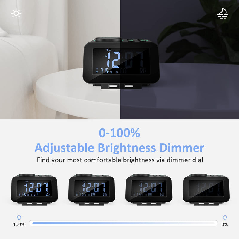 [Australia] - USCCE Digital Alarm Clock Radio - 0-100% Dimmer, Dual Alarm with Weekday/Weekend Mode, 6 Sounds Adjustable Volume, FM Radio w/ Sleep Timer, Snooze, 2 USB Charging Ports, Thermometer, Battery Backup Black 