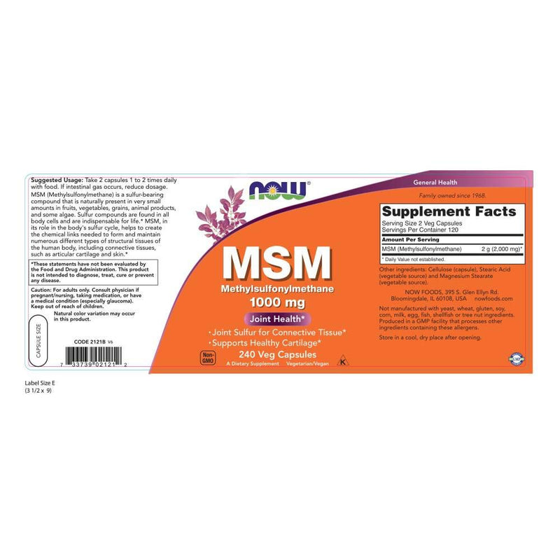 [Australia] - NOW Supplements, MSM (Methylsulfonylmethane) 1,000 mg, Joint Health*, 240 Veg Capsules 