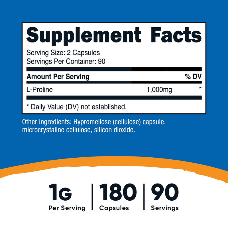 [Australia] - Nutricost L-Proline 1000mg, 180 Capsules (90 Servings) - 500mg Per Cap, Non-GMO, Gluten Free 