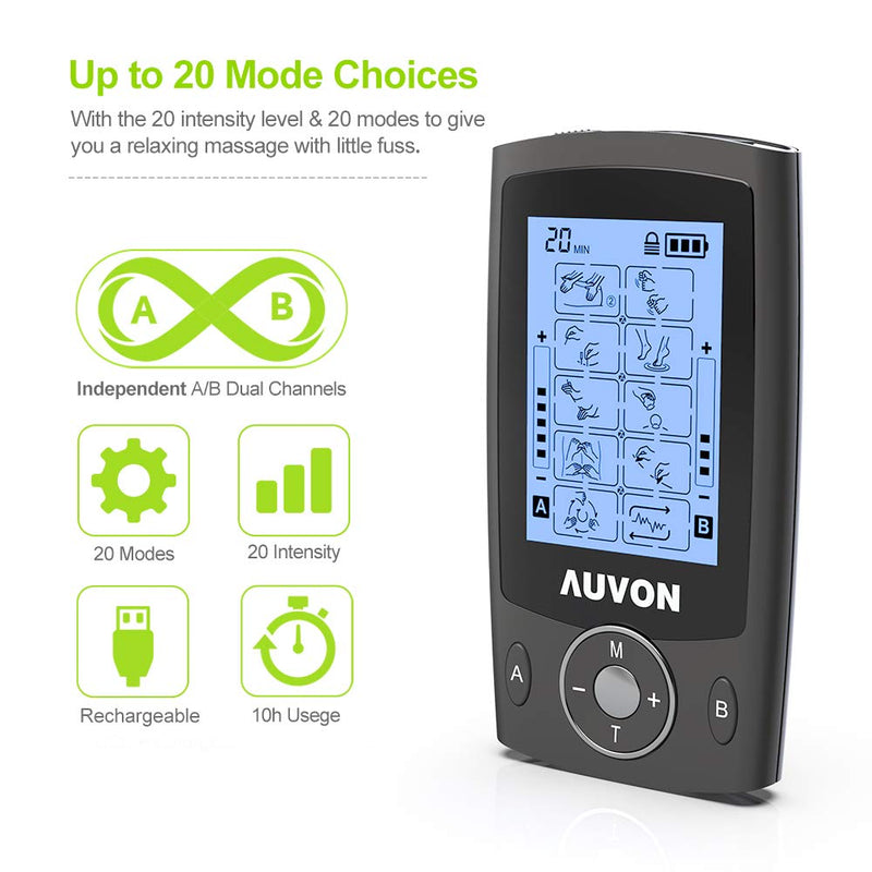[Australia] - AUVON Dual Channel TENS Unit Muscle Stimulator with 20 Modes, Rechargeable TENS Machine for Back/Neck/Lower Back/Leg/Muscle Pain Relief, with 4pcs 2" and 4pcs 2"x4" Electrode Pads (Black) 
