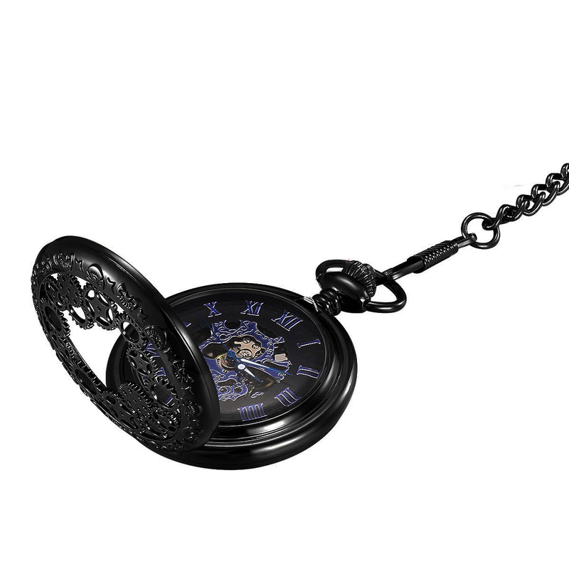 [Australia] - LYMFHCH Steampunk Blue Hands Scale Mechanical Skeleton Pocket Watch with Chain Mens Womens Watch Christmas Graduation Birthday Gifts Fathers Day Black 