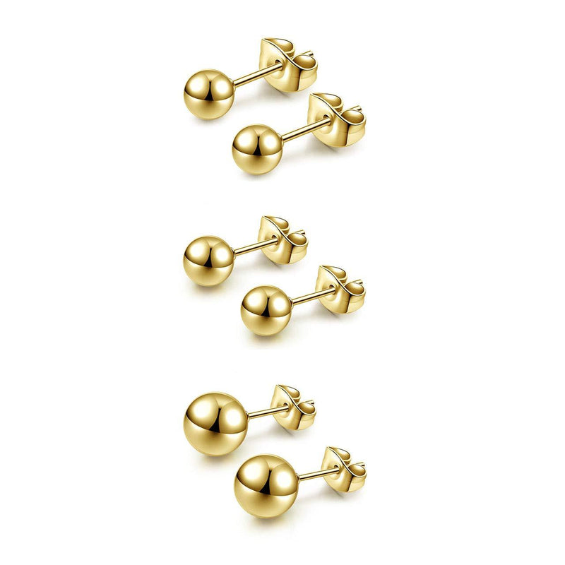 [Australia] - PiercingJ 2-6pcs Golden Stainless Steel 3mm 5mm 8mm Tiny Round Ball Stud Ear Cartilage Helix Earrings for Women Men with Gift Box 6pcs Golden (5mm+6mm+8mm) 