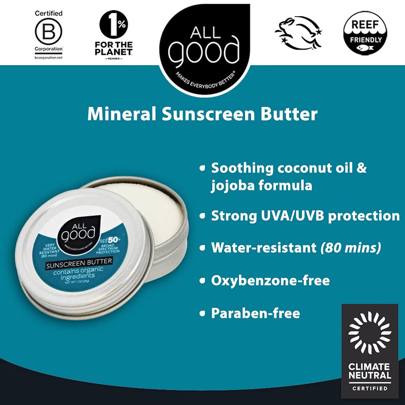 [Australia] - All Good Mineral Face Sunscreen Butter - UVA/UVB Broad Spectrum SPF 50+ Water Resistant, Coral Reef Friendly, Organic Ingredients - Zinc, Beeswax, Vitamin E, Coconut Oil (1 oz)(2-Pack) 1 Fl Oz (Pack of 2) 