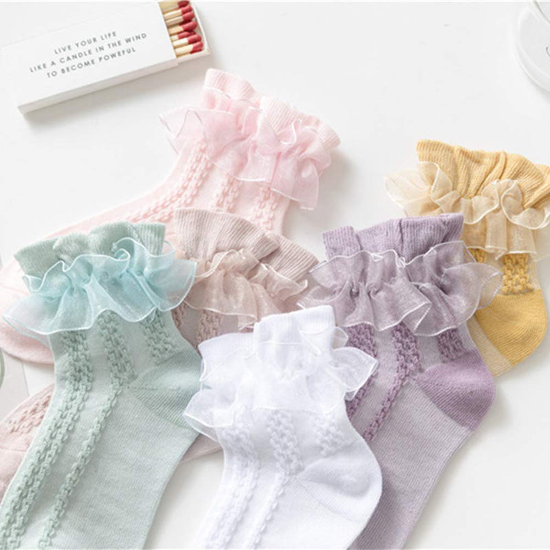 [Australia] - Baby Toddlers Girls Ruffle Socks 6 Pairs Infants Kids Princess Cotton Dress Socks with Eyelet Frilly Lace 1-9T Multicolor 1T 