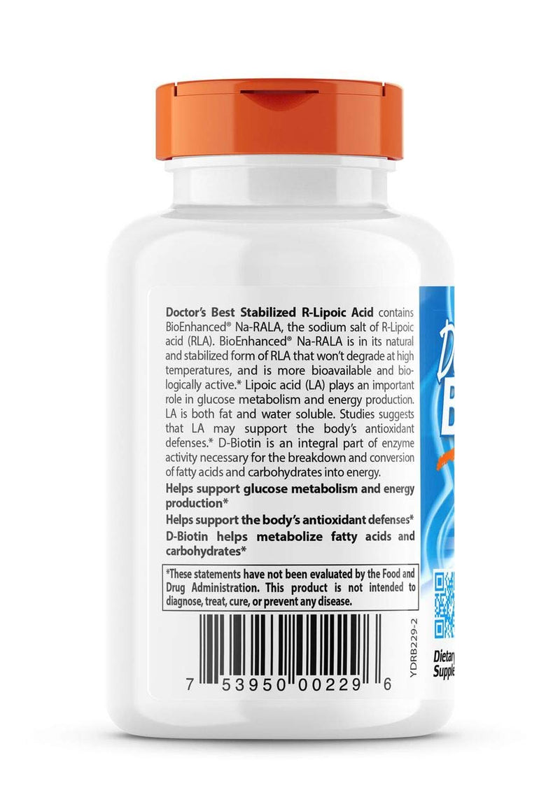 [Australia] - Doctor's Best Stabilized R-Lipoic Acid with BioEnhanced Na-RALA, Non-GMO, Gluten Free, Vegan, Helps Maintain Blood Sugar Levels, 100 mg, 180 Count 