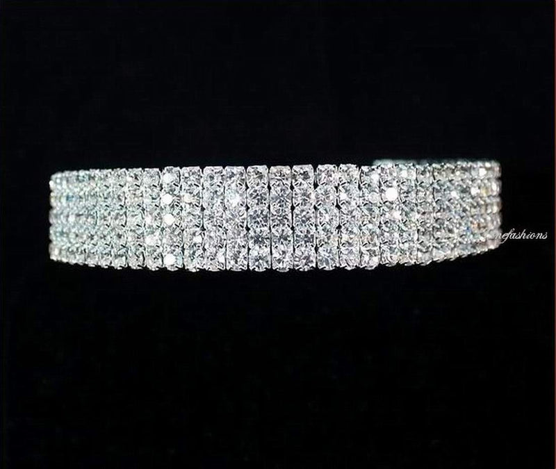 [Australia] - 5-row Five Rows Clear White Austrian Rhinestone Crystal Choker Collar Necklace Dance Party Jewelry Wedding Prom N060 Silver 