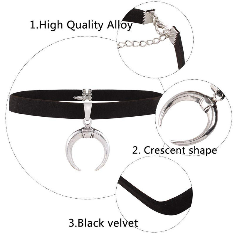 [Australia] - STACKABLE CREATIONS Crescent Moon Choker Necklace with Black Suede Velvet Leather Ribbon Band | Upside Down Half Moon Horn Silver Charm Metal Pendant 