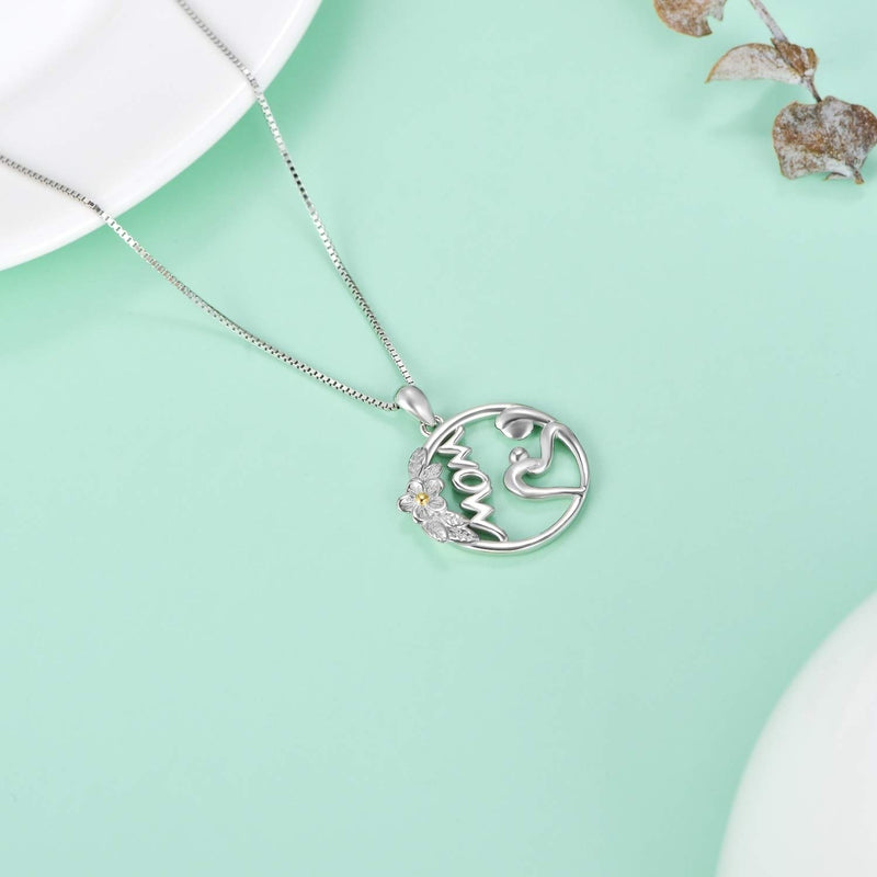 [Australia] - LONAGO 925 Sterling Silver Mom Heart Carnation Flower Necklace I Love You Mom Pendant Grandma Women Wife Jewelry Mother's Day Birthday Gift Mom & Child 