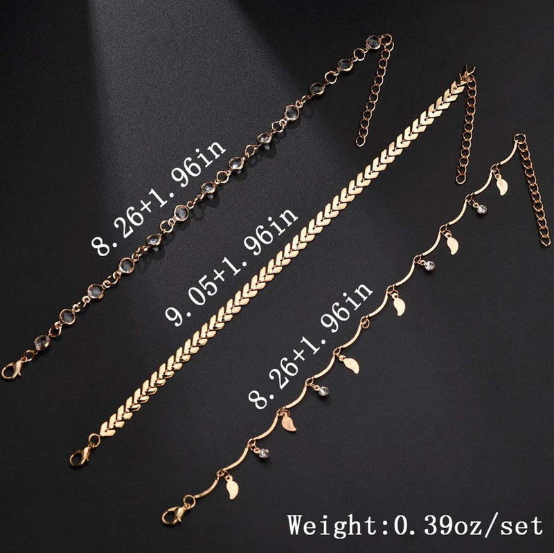 [Australia] - Jeairts Boho Leaves Pendant Anklet Gold Crystal Triple Layered Anklets Bracelets Fish Bone Beach Foot Chain Jewelry for Women and Girls 