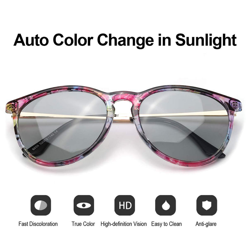 [Australia] - TJUTR Women's Photochromic Sunglasses with Polarized Lens for Outdoor, 100% UV Protection Reduce Fatigue for Driving Running A - Carmine Floral Frame/Grey Photochromic Polarized Lens 