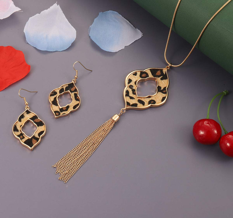 [Australia] - CXCraft Long Necklace for Women Leopard Print Necklace Cheetah Leather Drop Dangle Earrings Set Geometric Pendant Necklace Fringe Tassel Necklace Y Chain Necklace Celtic Clover 