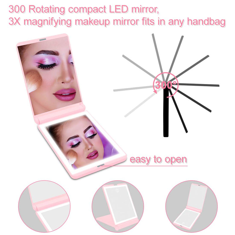 [Australia] - Milishow Compact Mirror with LED light,300°Flip Folding Portable Mirror,1x/3x Magnifying Mirror, Lighted Travel Mirror for Purse,Handbag,Handheld Makeup Mirror Gifts for Women/Birthday Gifts (Pink) Pink 