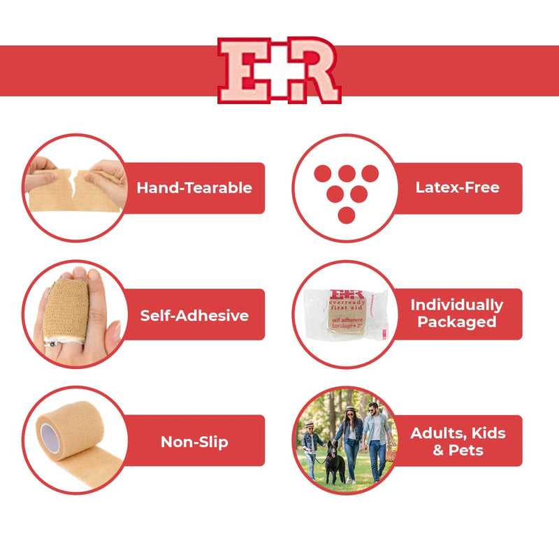 [Australia] - Ever Ready First Aid Self Adherent Cohesive Wrap Bandages, 2” x 5 Yards for First Aid, Sprains, Swelling, Sports, Pets, Tan Color – 12 Count 