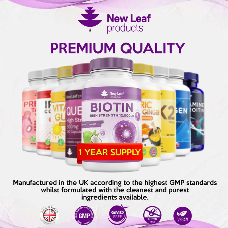 [Australia] - Biotin Hair Growth Supplement Biotin Tablets 12000mcg (1 Year Value Supply) Enriched with Coconut Oil, High Strength Hair, Skin and Nails Beauty Vitamins for Women & Men One A Day Vegan, UK Made 365 Count (Pack of 1) 
