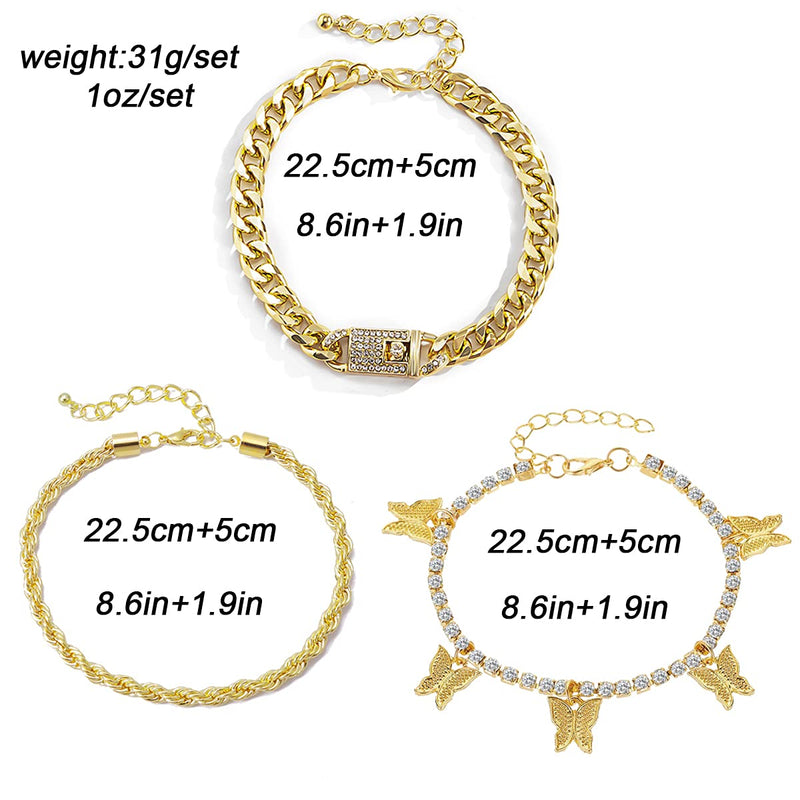 [Australia] - yfstyle Cuban Link Anklets for Women Girls Gold Silver Rhinestone Tennis Anklet Adjustable Butterfly Anklet Set Layered Ankle Bracelets Set for Summer Beach 3 cuban 