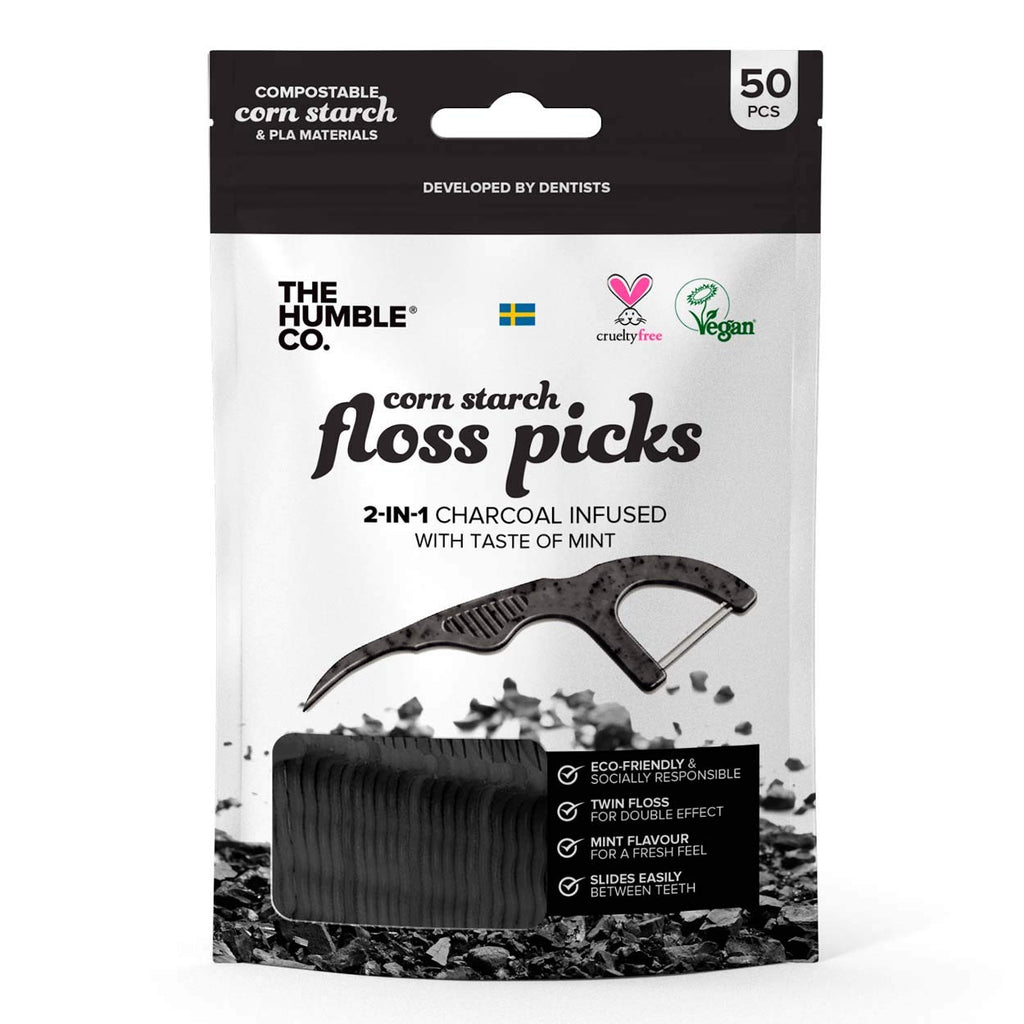 [Australia] - Humble Natural Dental Floss Picks - Flossers - Dental Floss Sticks - Activated Charcoal - 2 x 50 Packs 