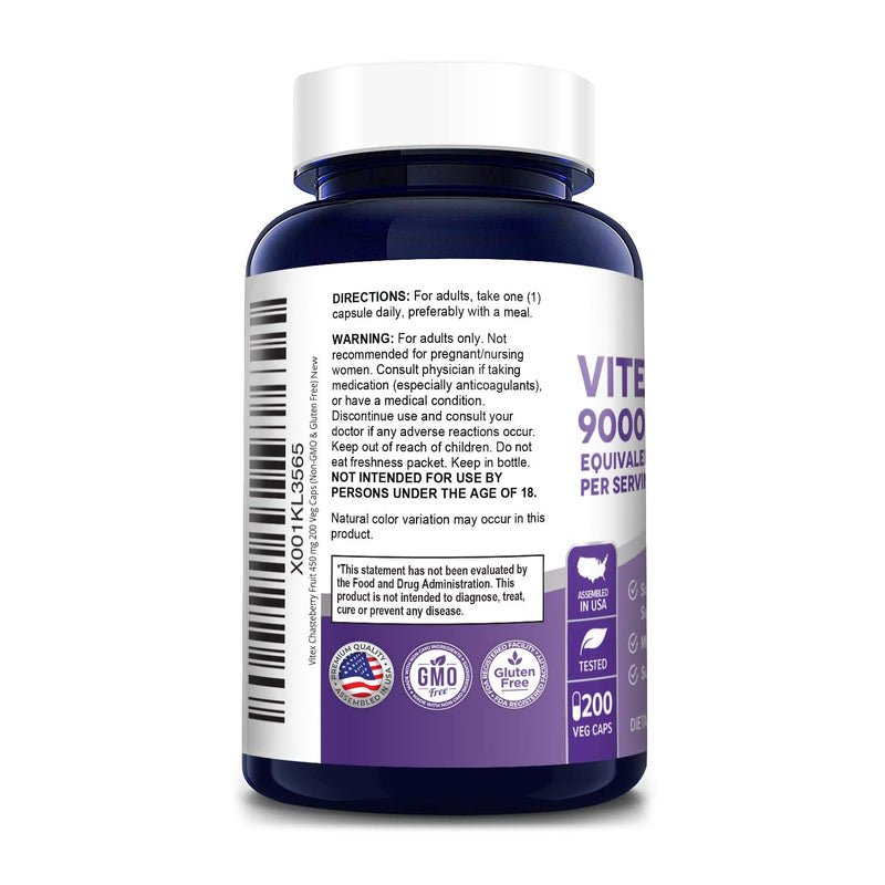 [Australia] - Vitex Chasteberry Fruit 20:1 Extract 9,000 mg -200 Veggie Caps 200 Days Supply (Non-GMO & Gluten Free) 