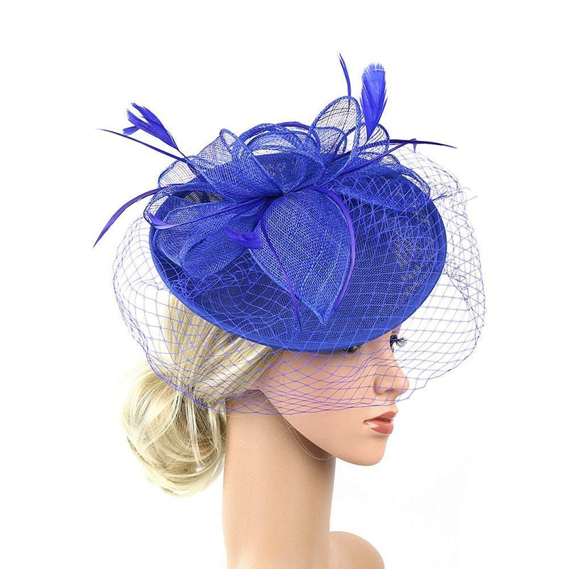 [Australia] - Hilary Ella Flax Net Face Veil Feather Fascinator for Women Cocktail Tea Party Derby Wedding Fascinators Hat Deep Blue 