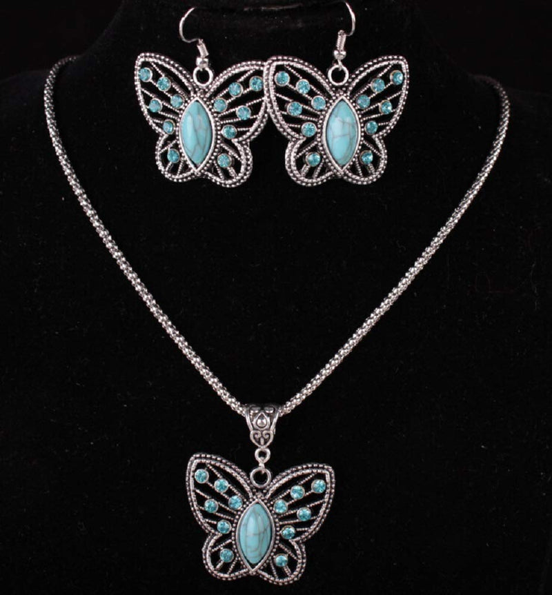 [Australia] - Cocazyw Silver Butterfly Turquoise Bracelet and Earrings for Women Girl Retro Charm Gemstone Jewelry Set Pendant Necklace and Drop Earrings for Women Girl 