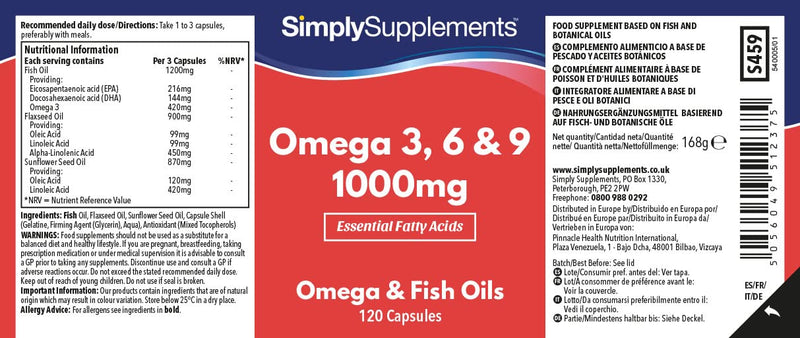 [Australia] - Omega 3 6 9 Fish Oil Capsules | Supplement Providing Fish Oil, Flaxseed Oil & Sunflower Oil | Contains ALA, EPA & DHA | 2 x 120 High Strength 1000mg Capsules | UK Manufactured 