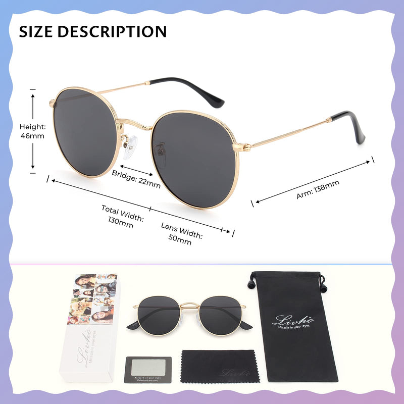 [Australia] - livho Trendy Polarized Sunglasses for Women Men Retro Round Mirrored Sun Glasses UV Protection Gold Frame + Black Lens 