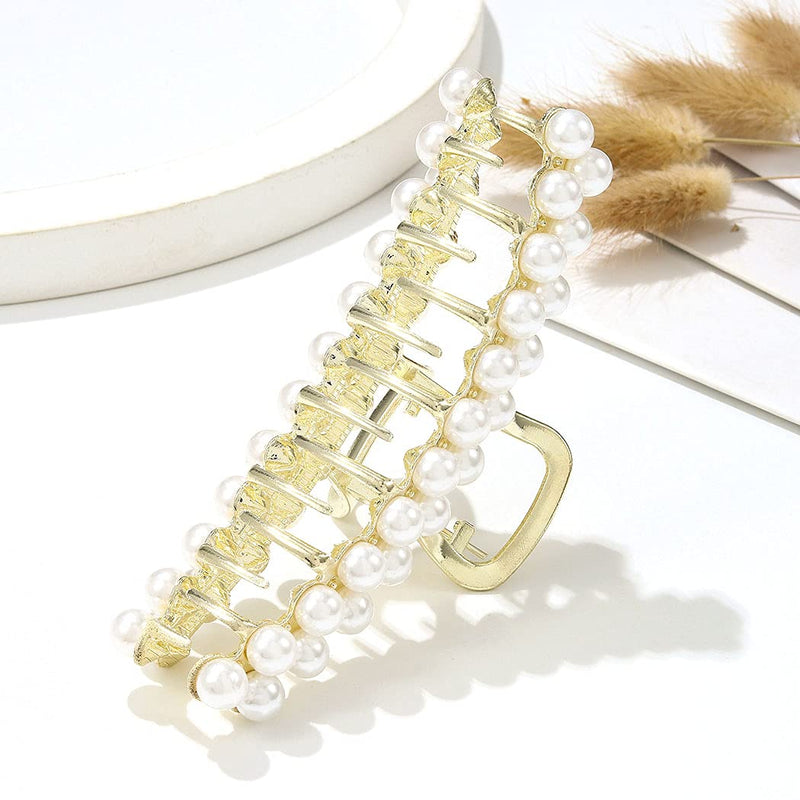 [Australia] - Runmi Hair Claw Clips Pearl Hair Clips Metal Gold Hair Barrette Claw Hair Claw Large Hair Accessories for Women and Girls 