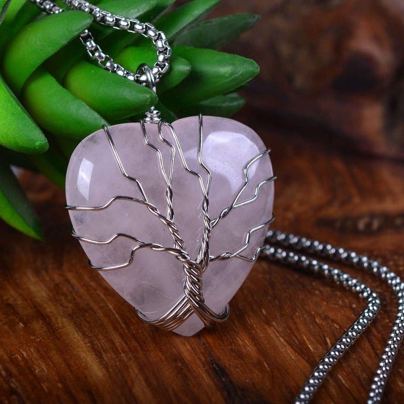 [Australia] - JUST IN STONES Gemstone Healing Crystal Tree of Life Wire Wrapped Love Heart Stone Pendant Necklace 20 Inch Rose Quartz 