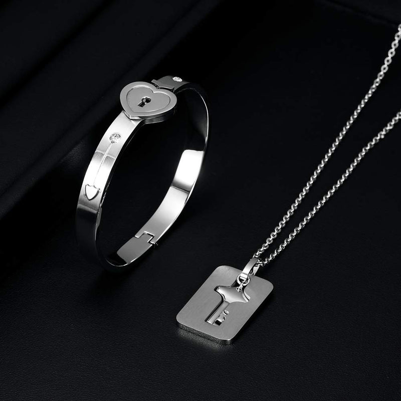 [Australia] - His Hers Love Heart Key Lock Bangle Bracelet Tag Pendat Necklace Set in a Gift Box large size 