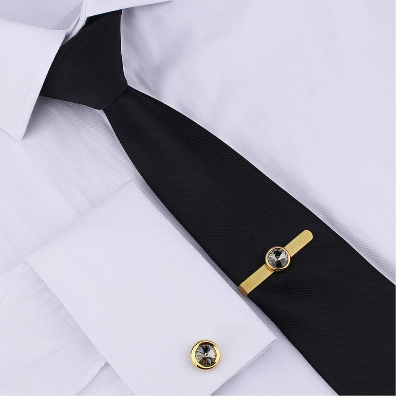 [Australia] - HAWSON 2 inch Tie Clips and Cufflinks Set for Men Skinny Tie Bar Silver Tie Clasp for Regular Necktie with Swarovski Crystal for Formal Business Wedding Shirts in Gift Box Black Diamond Cufflinks with Tie Clip 