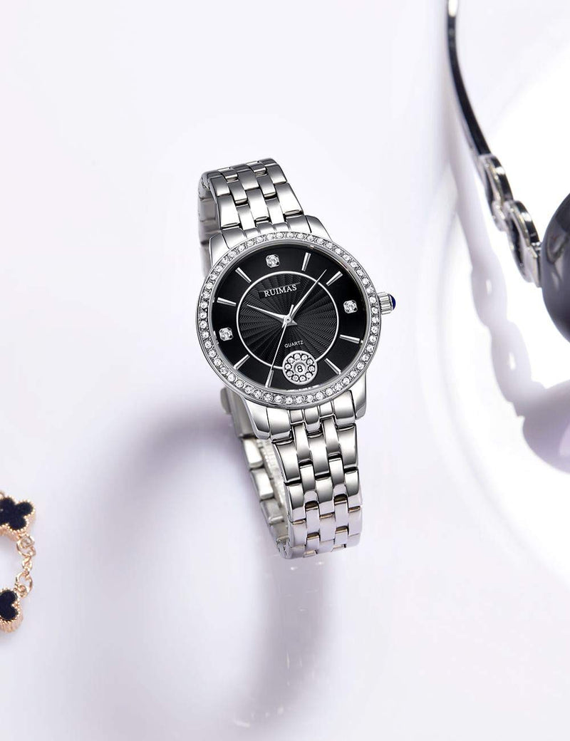 [Australia] - Women's Silver Watches for Women Wrist Watches Analog Quartz Watch for Women Movement Crystal Bracelet Stainless Steel Waterproof Wrist Watch Luxury Full Diamonds Watch Black 