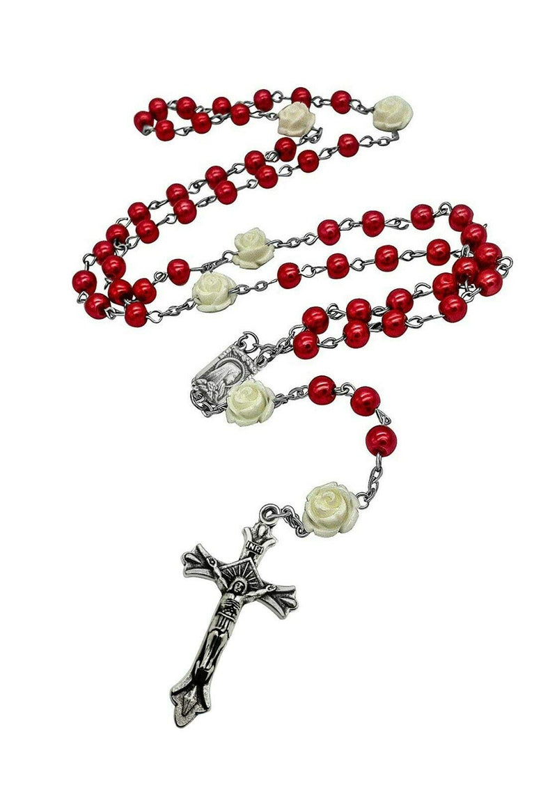 [Australia] - Nazareth Store Catholic Red Pearl Beads Rosary Jerusalem Necklace Our Rose Lourdes Medal & Cross NS 