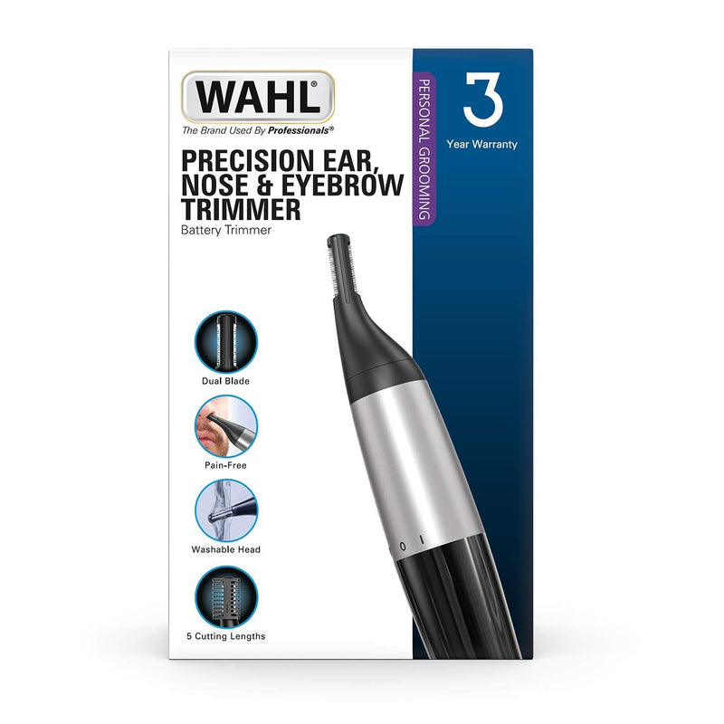 [Australia] - Wahl Precision, Ear, Nose and Eyebrow Trimmer, Precision Dual Blade, Vertical Trimming Head, Fully Washable Trimmers, 4 Trimming Lengths, Battery Operated 