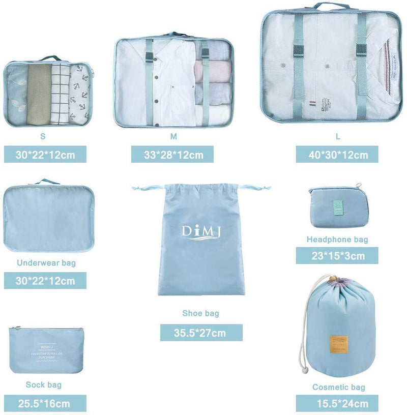 [Australia] - DIMJ 8 Pack Packing Cubes for Suitcase, Travel Luggage Organiser Set, Suitcase Organiser Bags for Clothes, Shoes, Cosmetics, Toiletries (Light Blue) Light Blue 