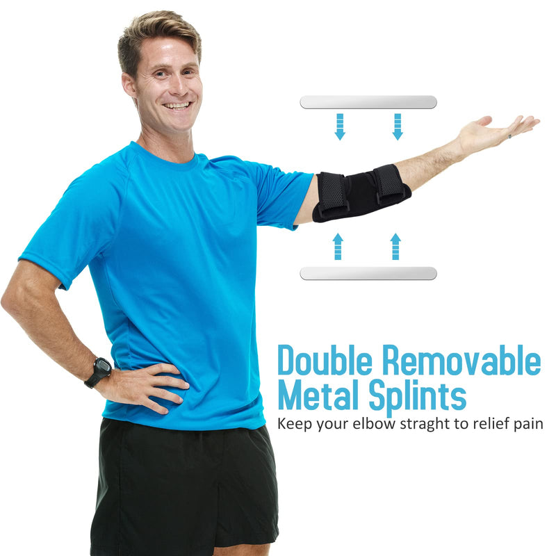 [Australia] - GINTRON Elbow Brace 2022,Comfortable Night Elbow Support for Sleep Elbow Splint, Adjustable Elbow Stabilizer with 2 Removable Metal Splints for Cubital Tunnel Syndrome,Tendonitis,Ulnar Nerve,Tennis Black 