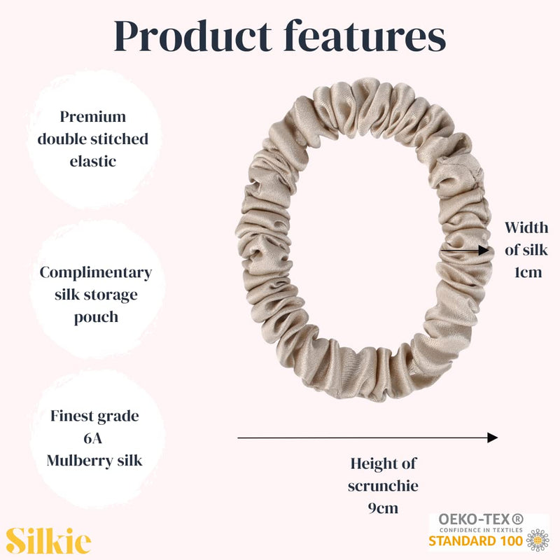 [Australia] - SILKIE x4 Set 100% Pure Mulberry Silk Champagne Skinny Scrunchies Travel Pouch Everyday Hair Ties Elastics Hair Care Ponytail Holder No Damage(Champagne) 