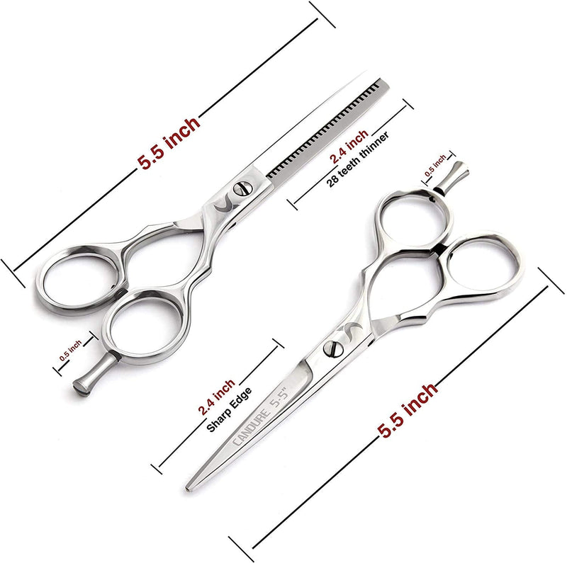 [Australia] - Candure Hairdressing Scissor Hairdresser thinning Scissor Set - 5.5 Inch Hair Cutting and Hair Scissor with Comb and Pouch - for Men, Women, Children and Professional Barbers 2 Count (Pack of 1) Silver 