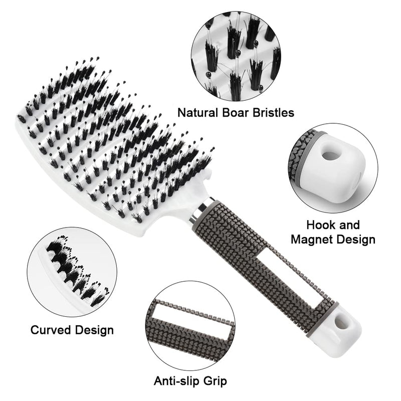[Australia] - URAQT Hair Brush, 2 Pcs Boar Bristle Paddle Hairbrush with Tail Comb, Soft Massage Vent Brush for Men Women, Detangle Hair Brush for Long Thick Curly Hair, Reducing Hair Breakage (Black & White) Black & White 
