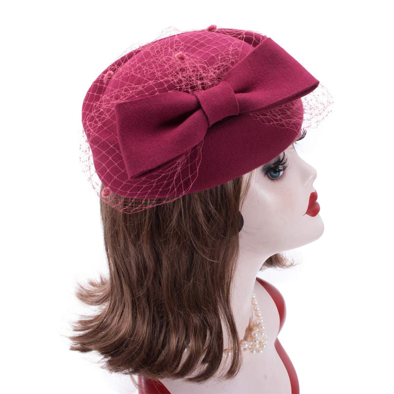 [Australia] - Lawliet Womens Dress Fascinator Wool Felt Pillbox Hat Party Wedding Bow Veil A080 Wine 