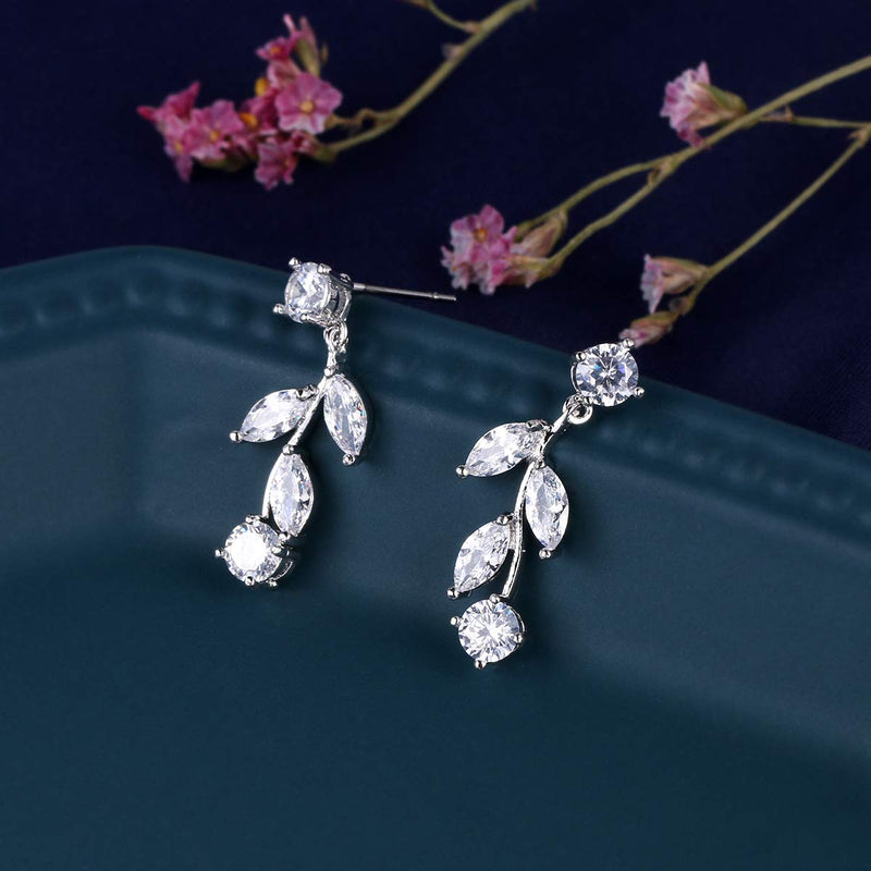 [Australia] - WeimanJewelry Women Marquise Cut Cubic Zirconia Leaf Bridal Y-Necklace and Dangling Earring Jewelry Set for Wedding Silver 