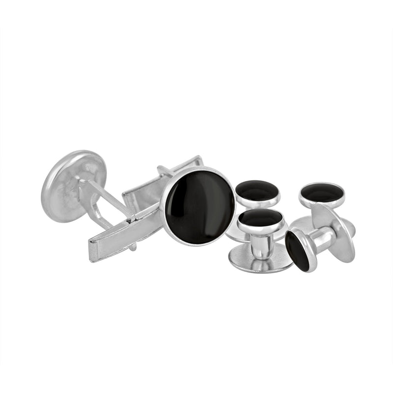 [Australia] - Tuxedo Shirt Studs and Cufflinks for Formalwear, Enamel with Metal Trim, 6 Piece Complete Set (4 Studs for Front, 2 Cufflinks for Sleeves) with 2 Backup Cufflinks, Stainless Steel and Enamel, 1-Set Black with Silver Color Trim 