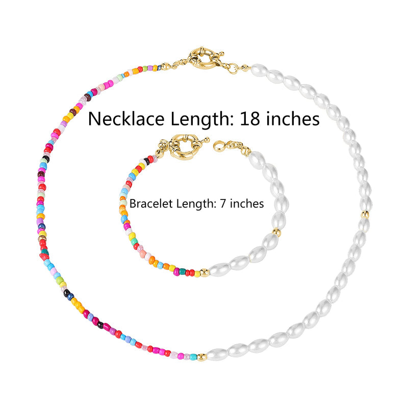 [Australia] - Bohemian Pearl Beaded Choker Necklace Bracelet Set for Women Handmade Colorful Summer Seed Bead Pearl Necklace Bracelet Set Sandy Beach Bracelet Necklace Gold-Tone 