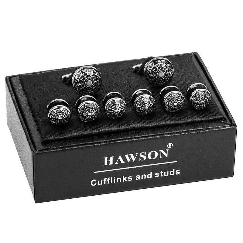 [Australia] - HAWSON Cufflinks and Tuxedo Shirt Studs Set for Men, Black Imitation Pearl Cufflinks for Men and Women Silver with Black 