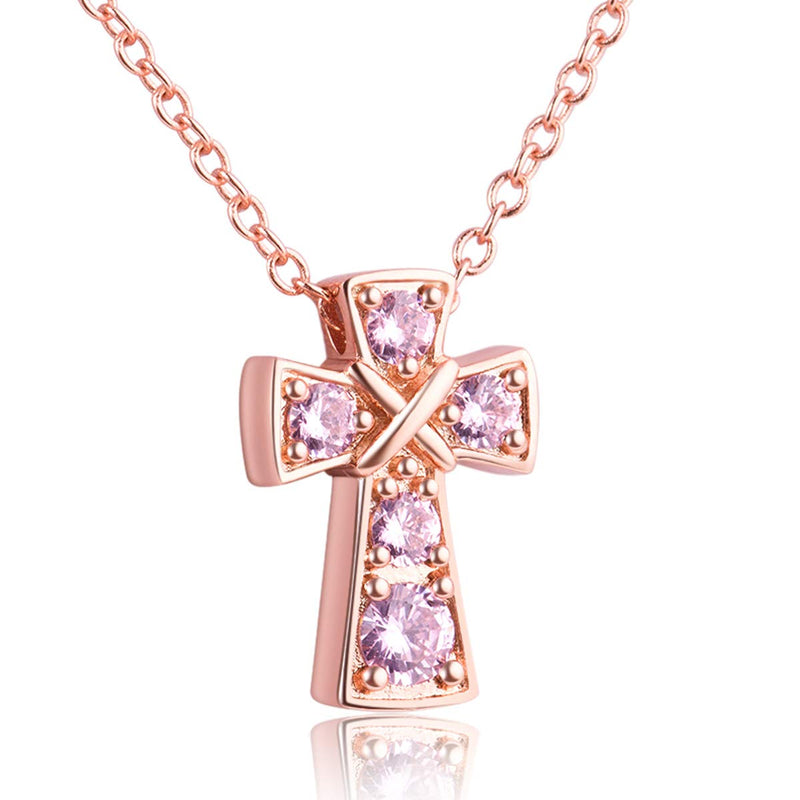 [Australia] - Karseer Womens Christian Cross Pendant Necklace with AAA Birthstone Crystals Religious Fashion Accessory Rose Gold / Oct Birthstones Pink Sapphire 