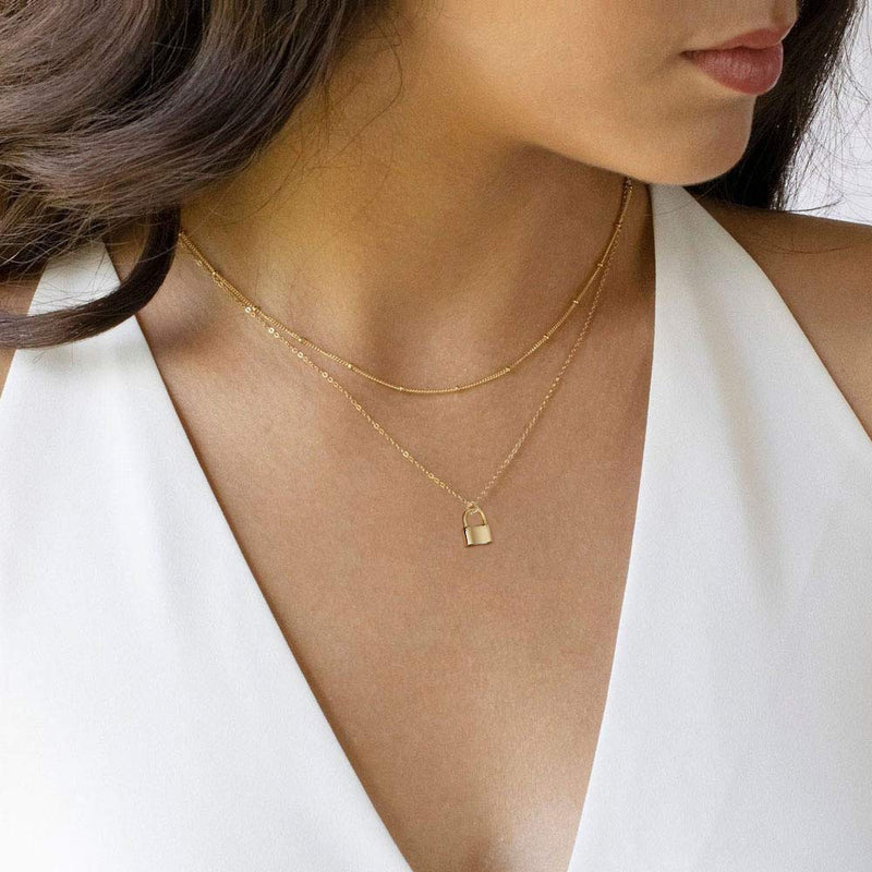 [Australia] - MONOZO Lock Necklace for Women, 14K Gold Filled Padlock Lock Pendant Chain Necklace Girls Dainty Layered Lock and Key Choker Necklace Jewelry for Men Gold Layered Lock Necklace 