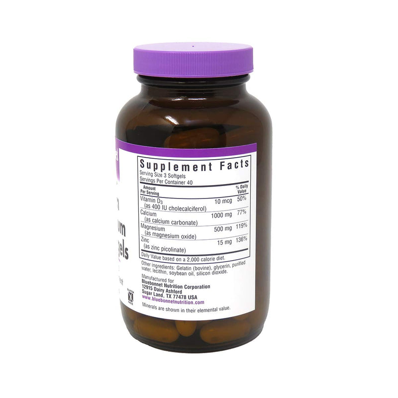 [Australia] - Bluebonnet Nutrition Calcium Magnesium Zinc Plus Vitamin D3, 1000 mg of Calcium, 500 mg of Magnesium and 15 mg of Zinc, 400IU Vitamin D3, For Strong Healthy Bones*, Gluten-Free, Dairy-Fee, 120 softgel 