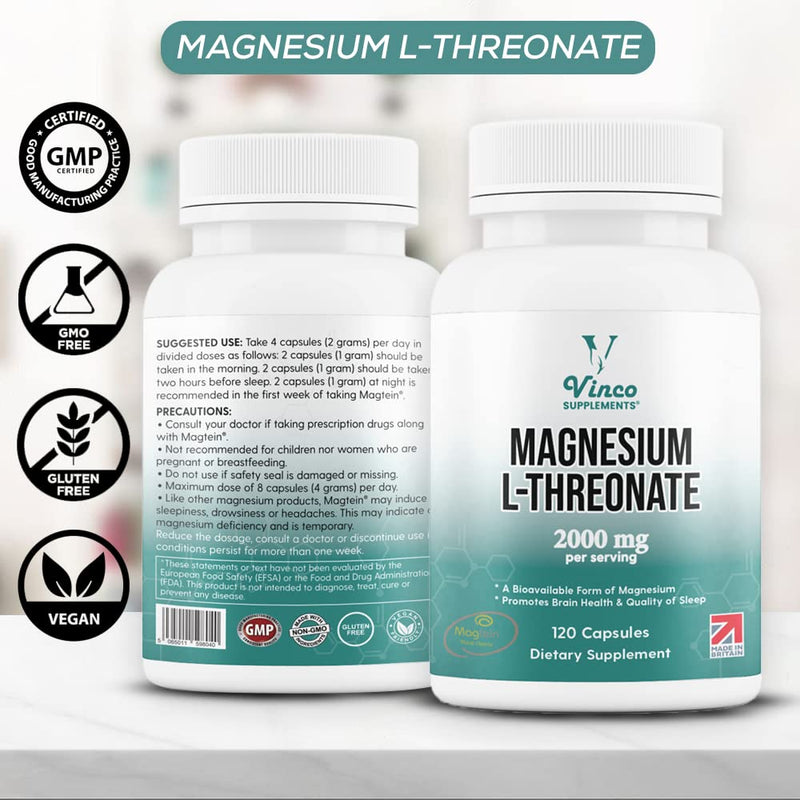 [Australia] - Vinco Magnesium L-Threonate Supplement - 120 High Strength Magnesium L Threonate Capsules - 2000mg Bioavailable Form of Magnesium per Serving - Non-GMO & Gluten Free � Made in The UK 