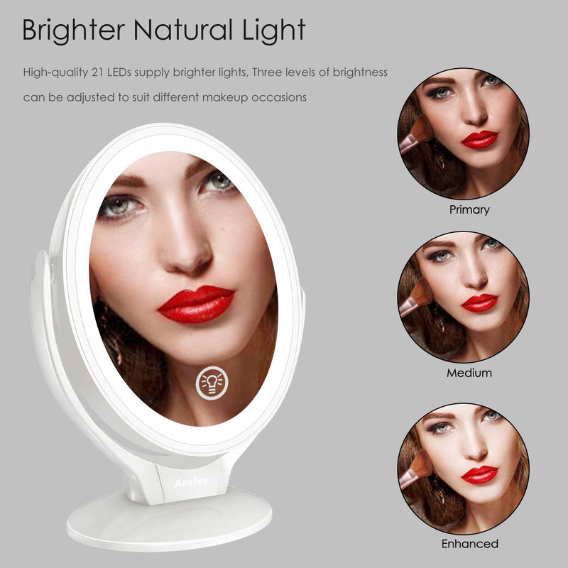 [Australia] - Aesfee LED Lighted Makeup Vanity Mirror Rechargeable,1x/7x Magnification Double Sided 360 Degree Swivel Magnifying Mirror with Dimmable Touch Screen, Portable Tabletop Illuminated Mirrors - White 