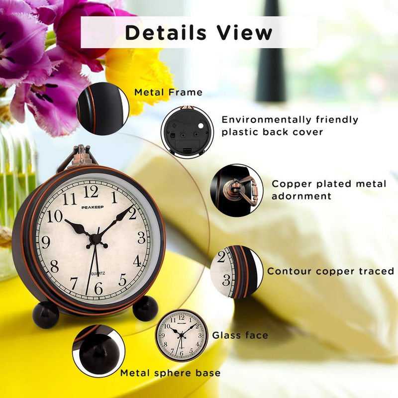 [Australia] - Peakeep 4" Battery Operated Antique Retro Analog Alarm Clock, Small Silent Bedside Desk Gift Clock Black 