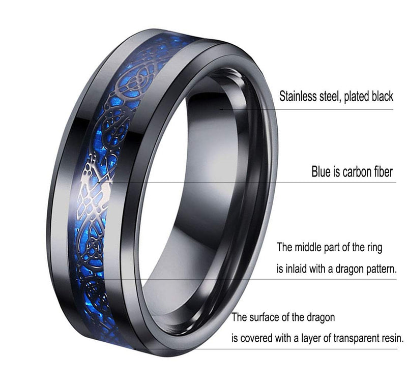 [Australia] - Tanyoyo 8mm Blue Black Dragon Pattern Beveled Edges Celtic Rings Jewelry Wedding Band For Men 7-14 