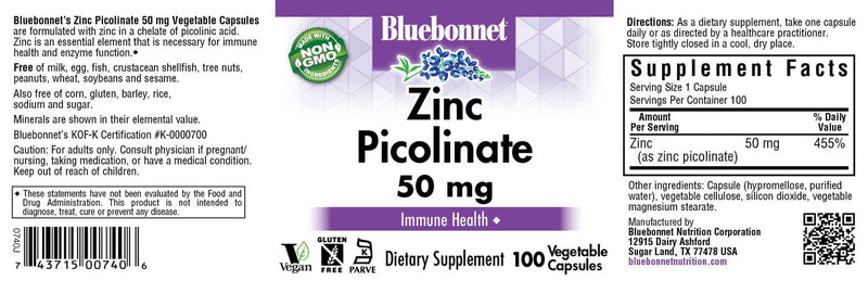 [Australia] - Bluebonnet Nutrition Zinc Picolinate 50 mg Vegetable Capsules, Best for Hormonal & Immune Health, Prostate Health, Skin, Vegan, Non GMO, Gluten Free, Soy Free, Milk Free, Kosher, 100 Vegetable Capsule 